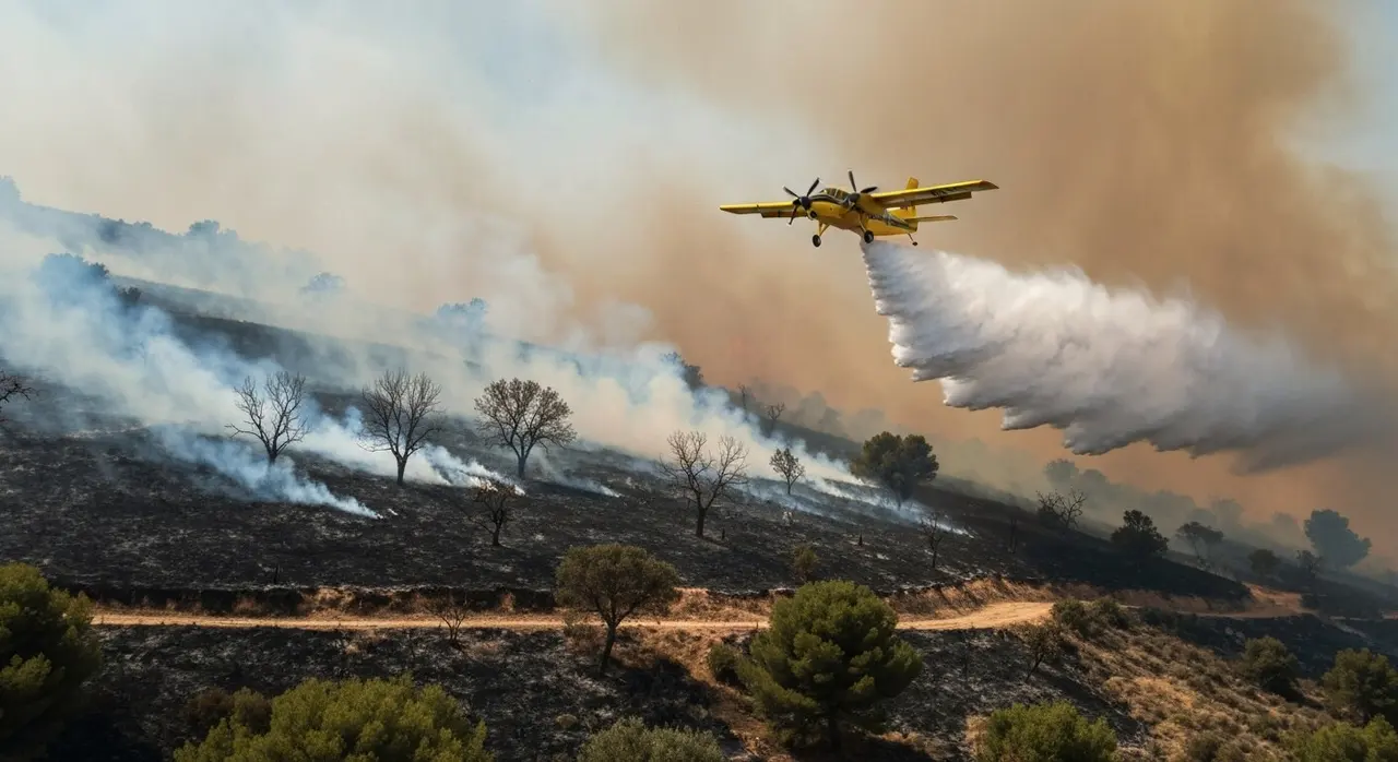 Canadair in azione contro un vasto incendio su una collina secca della Sicilia