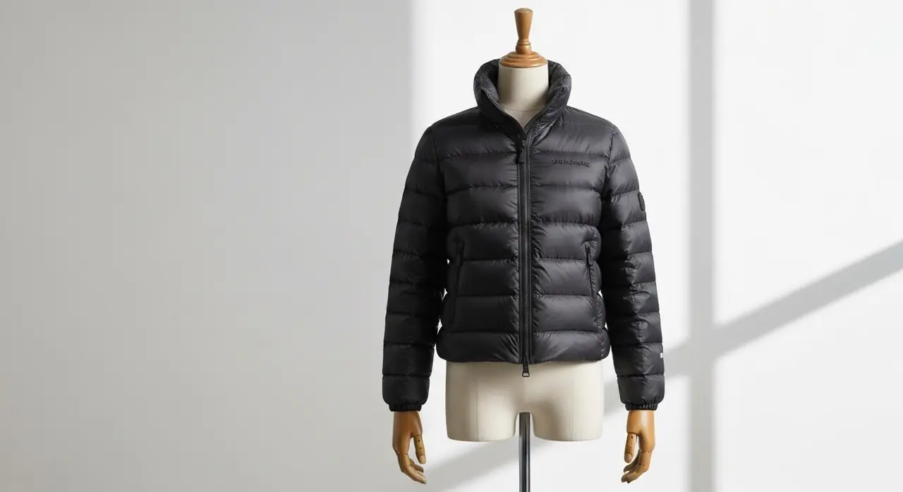 Giacca piumino di lusso in showroom, immagine simbolo del Moncler primo semestre 2026 in crescita
