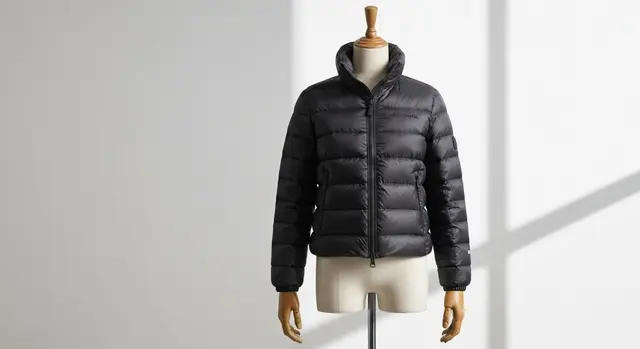 Giacca piumino di lusso in showroom, immagine simbolo del Moncler primo semestre 2026 in crescita