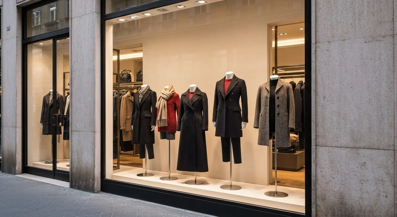 Vetrina di una boutique di lusso a Milano con capispalla premium, canale retail diretto del gruppo