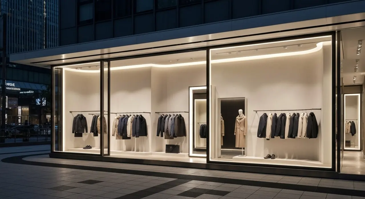 Interno di flagship store del lusso in una metropoli asiatica, mercato chiave della crescita Moncler