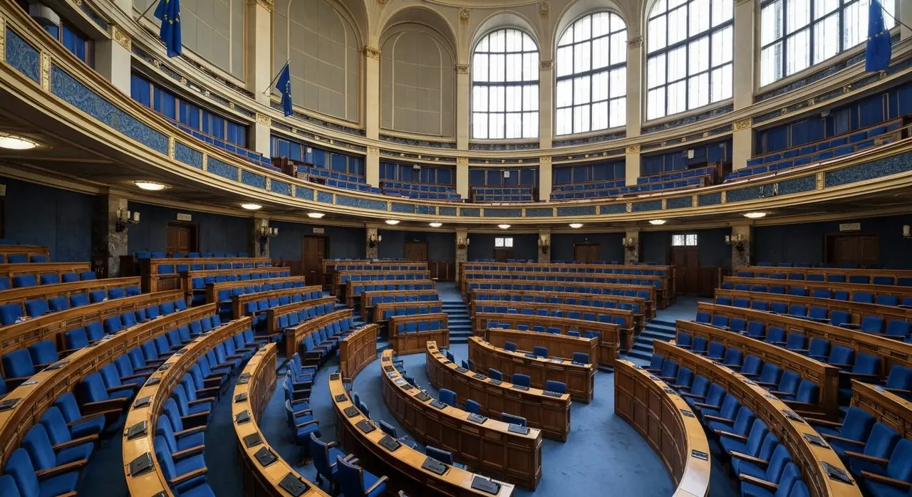 Emiciclo di un'istituzione europea: il Parlamento UE dovra confermare la nomina di Carlo Comporti all'ESMA