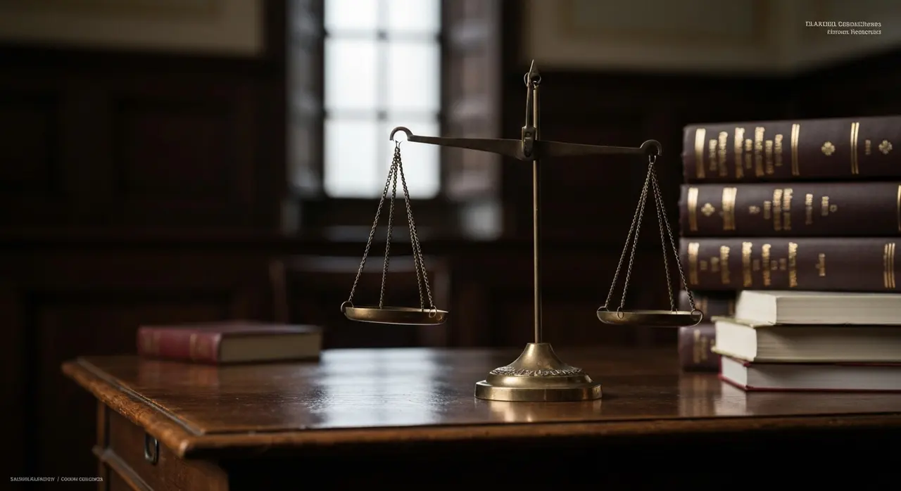 Bilancia della giustizia in un'aula di tribunale, simbolo del processo Lucarelli-Apolloni