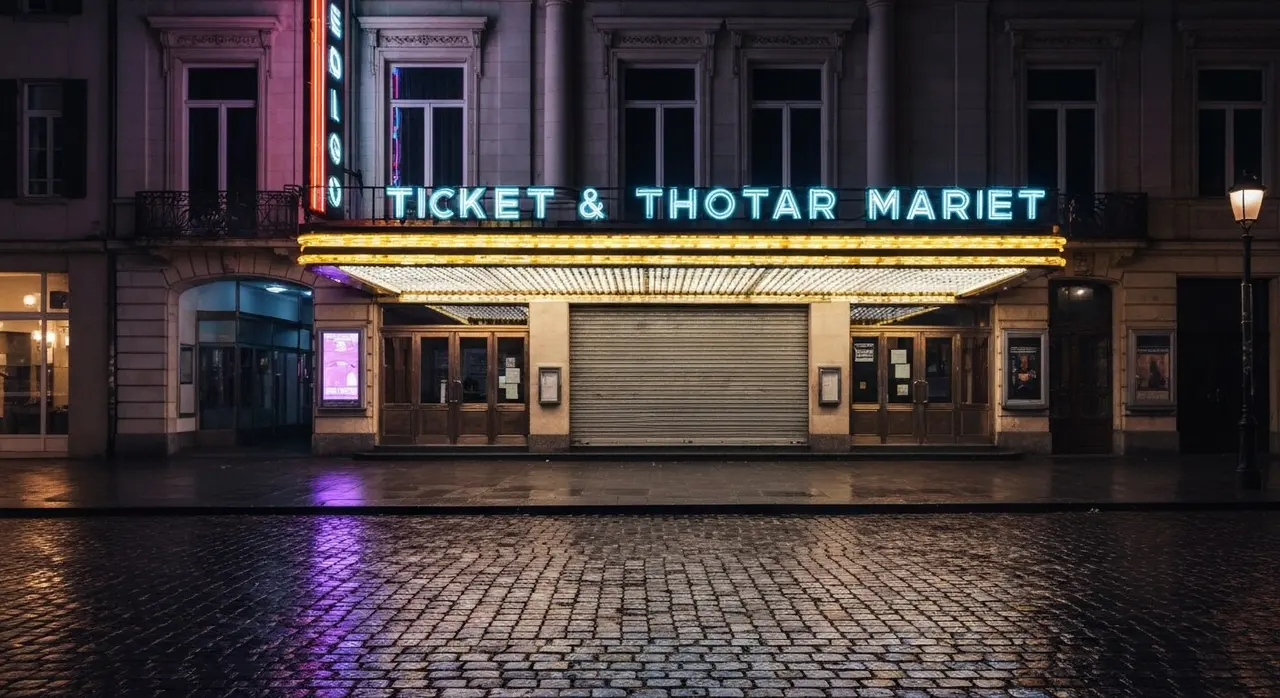 Sala cinematografica europea di notte, mercato della distribuzione a rischio dopo la fusione