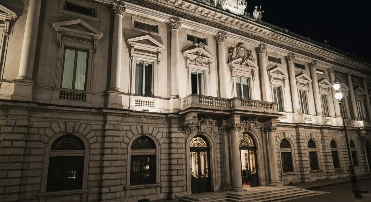 Palazzo milanese illuminato di sera per un gala della settimana della moda