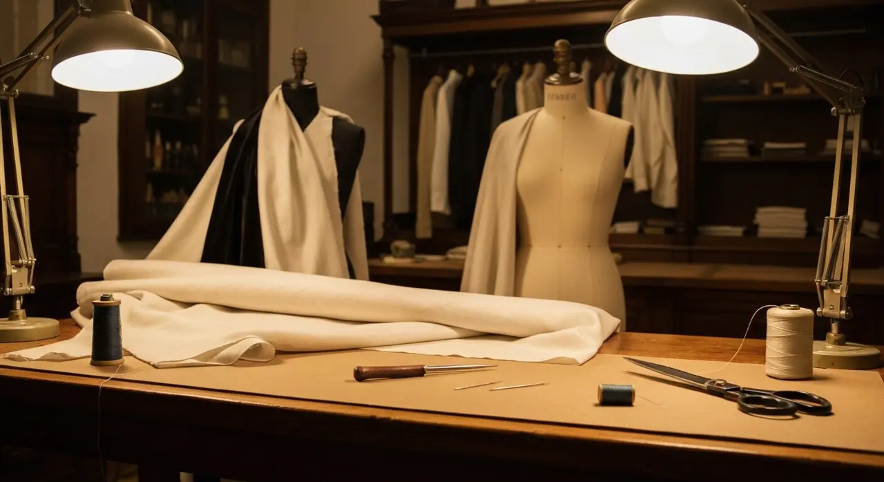 Atelier sartoriale italiano con tessuti pregiati e lavorazione artigianale Made in Italy