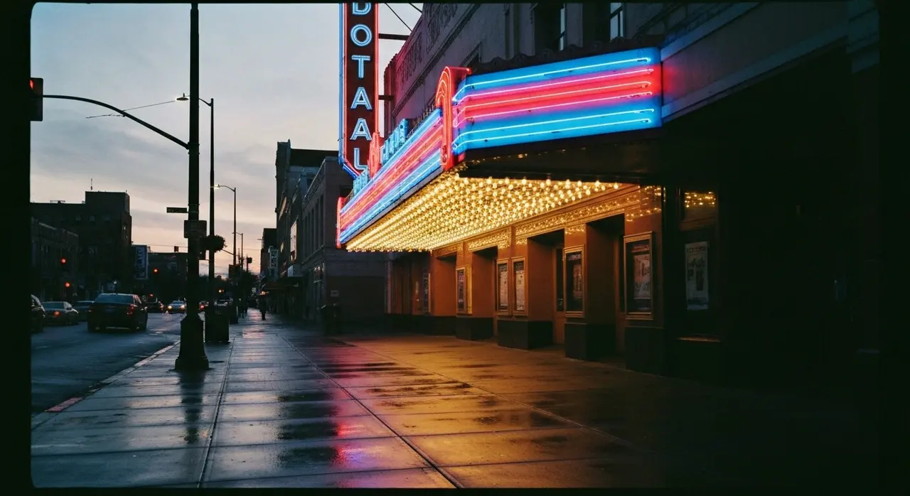Cinema di notte con insegne al neon per l'uscita di Spider-Man Brand New Day nelle sale italiane