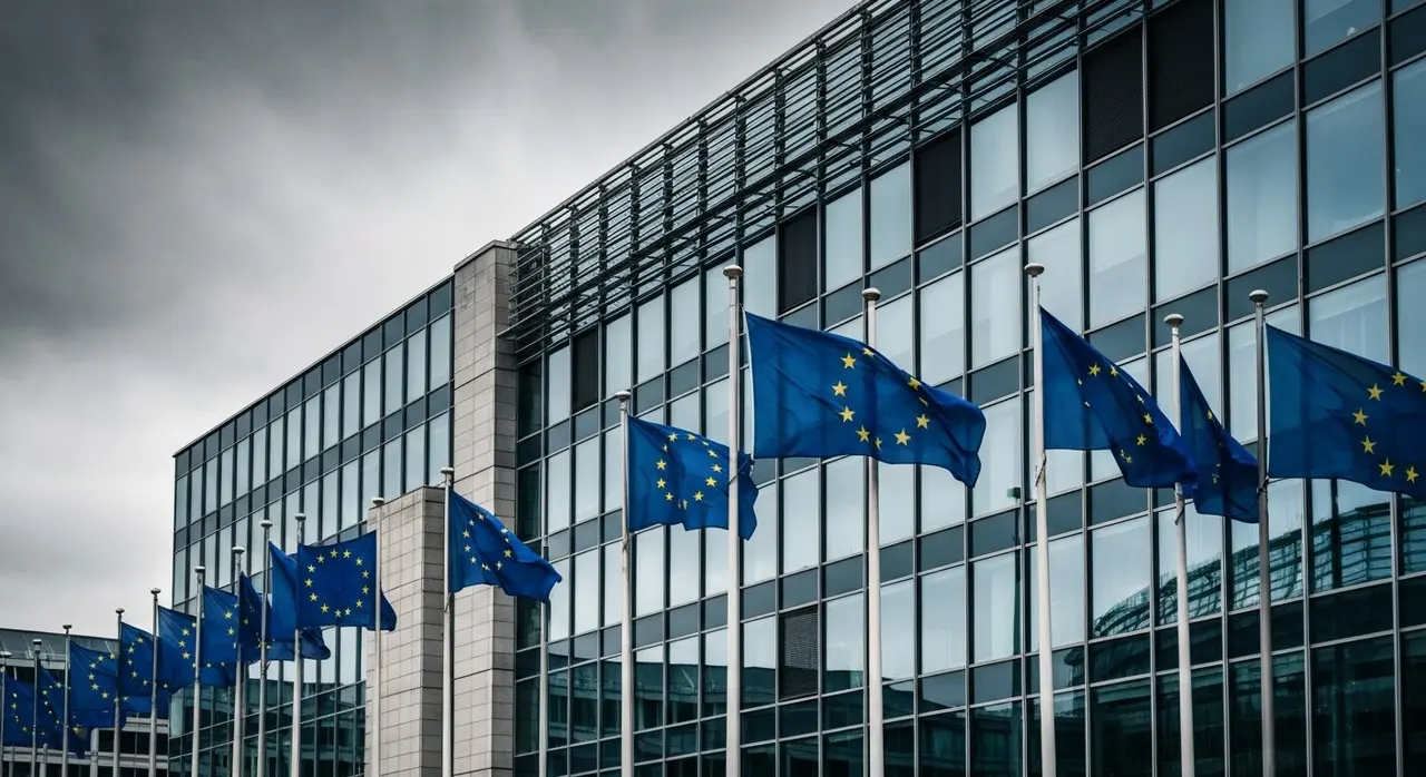 Sede istituzionale dell'Unione Europea a Bruxelles con bandiere UE, simbolo del fondo Safe difesa da 14,9 miliardi