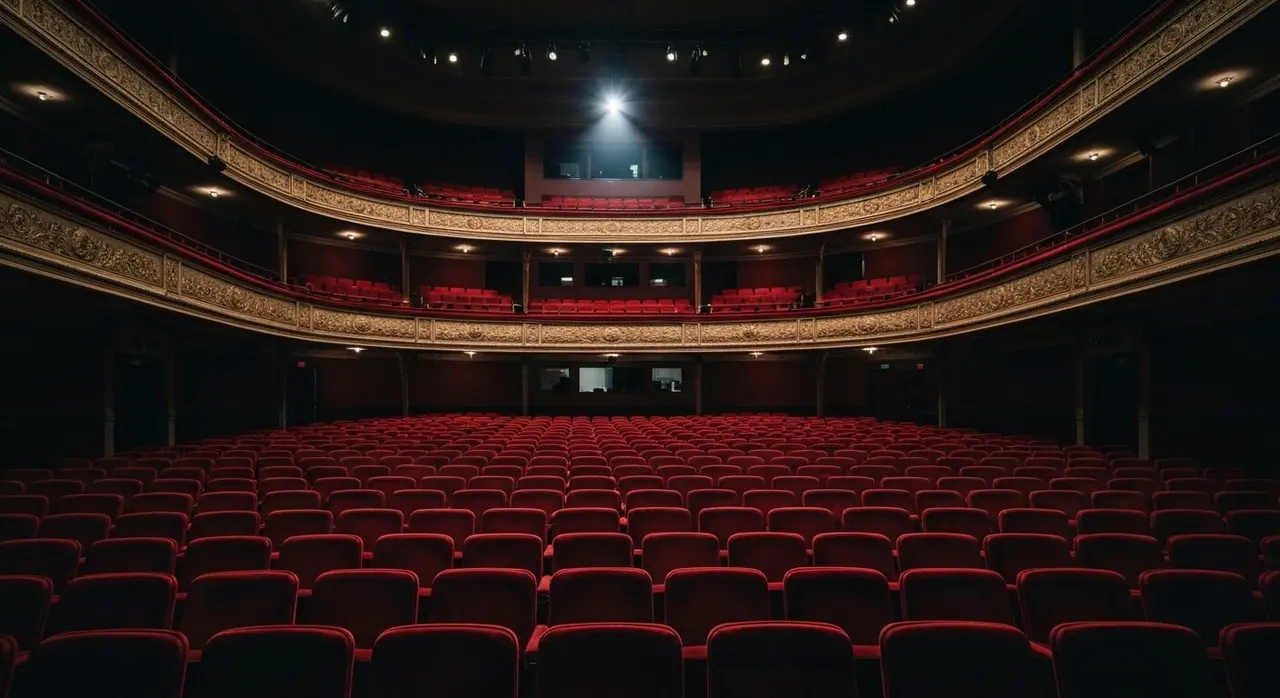 Sala di un teatro cinematografico al buio con riflettore sul palco, immagine editoriale sul caso delle accuse a Jared Leto