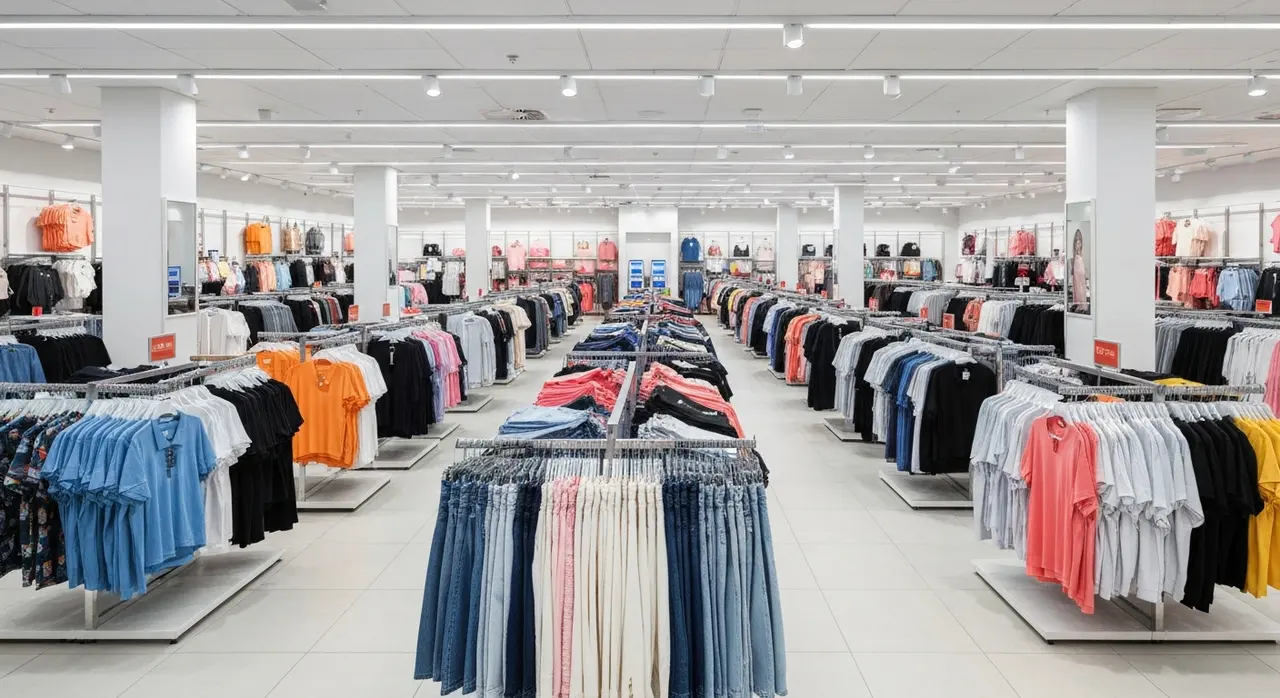 Interno di un ampio negozio di moda low cost con file di abiti e casse self service