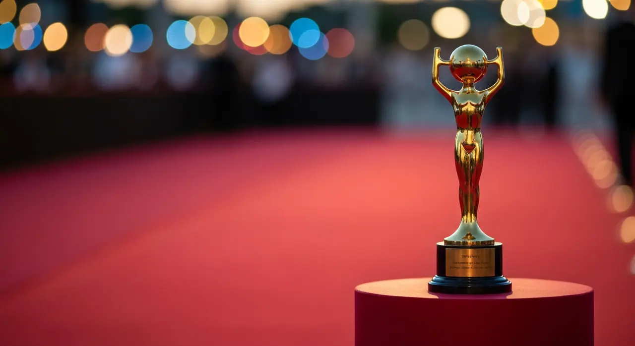 Trofeo di un premio cinematografico su un tappeto rosso, simbolo dei Pardi d'onore di Locarno