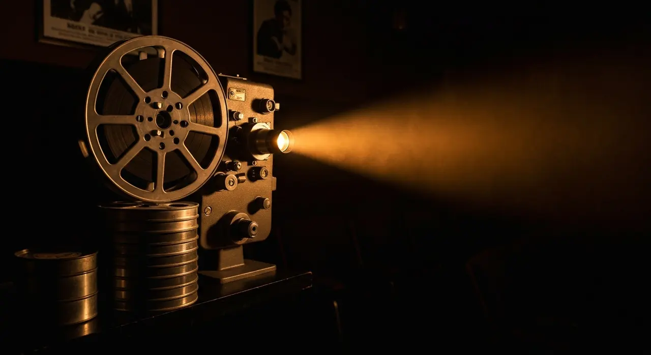 Bobine di pellicola 35mm e proiettore, richiamo alla retrospettiva del festival di Locarno