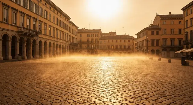 Caldo bollino rosso su una piazza italiana deserta sotto il sole cocente
