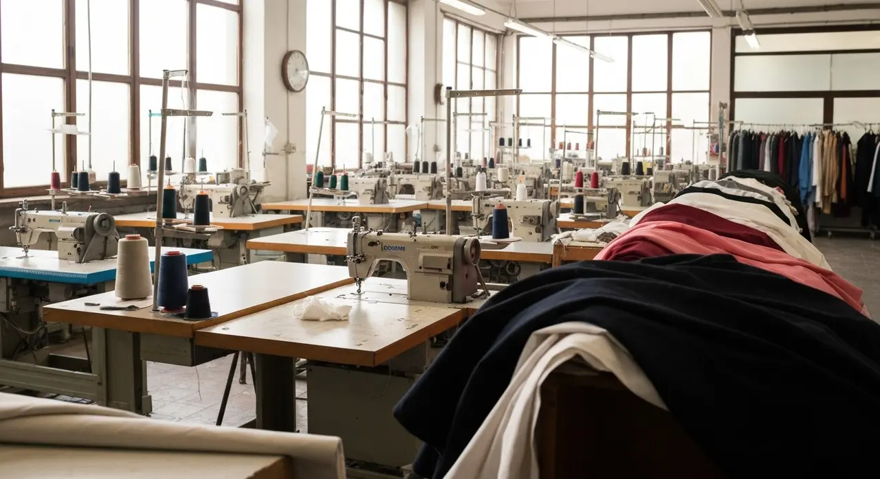 Atelier manifatturiero tessile in Romagna con macchine da cucire e rocchetti di filo