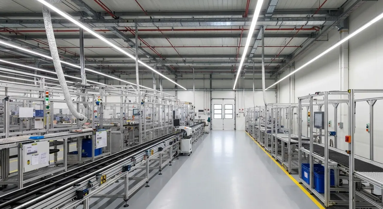 Linea di produzione in uno stabilimento manifatturiero italiano, con servizi e domanda interna a trainare il PIL