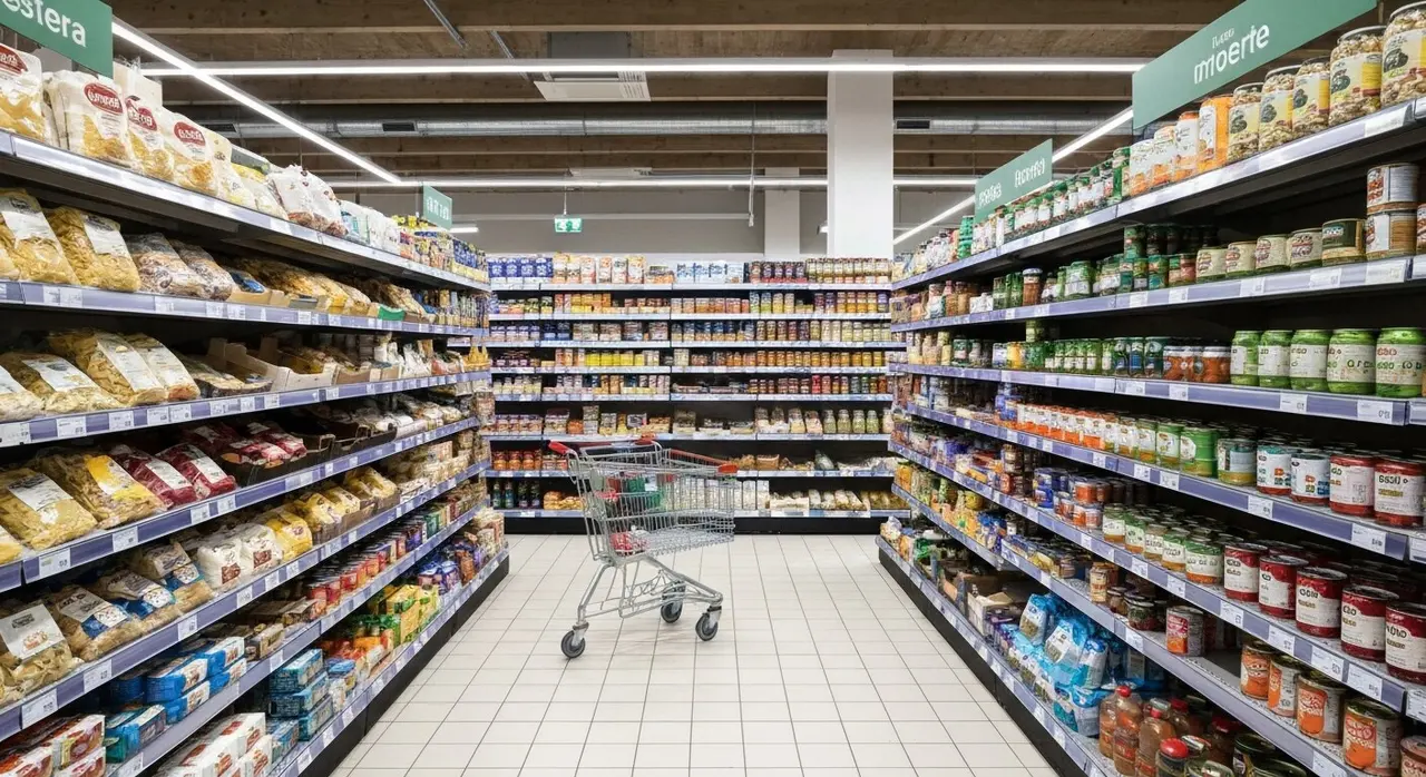 Corsia di un supermercato italiano con carrello della spesa, simbolo dell'inflazione in calo al 2,8% a luglio