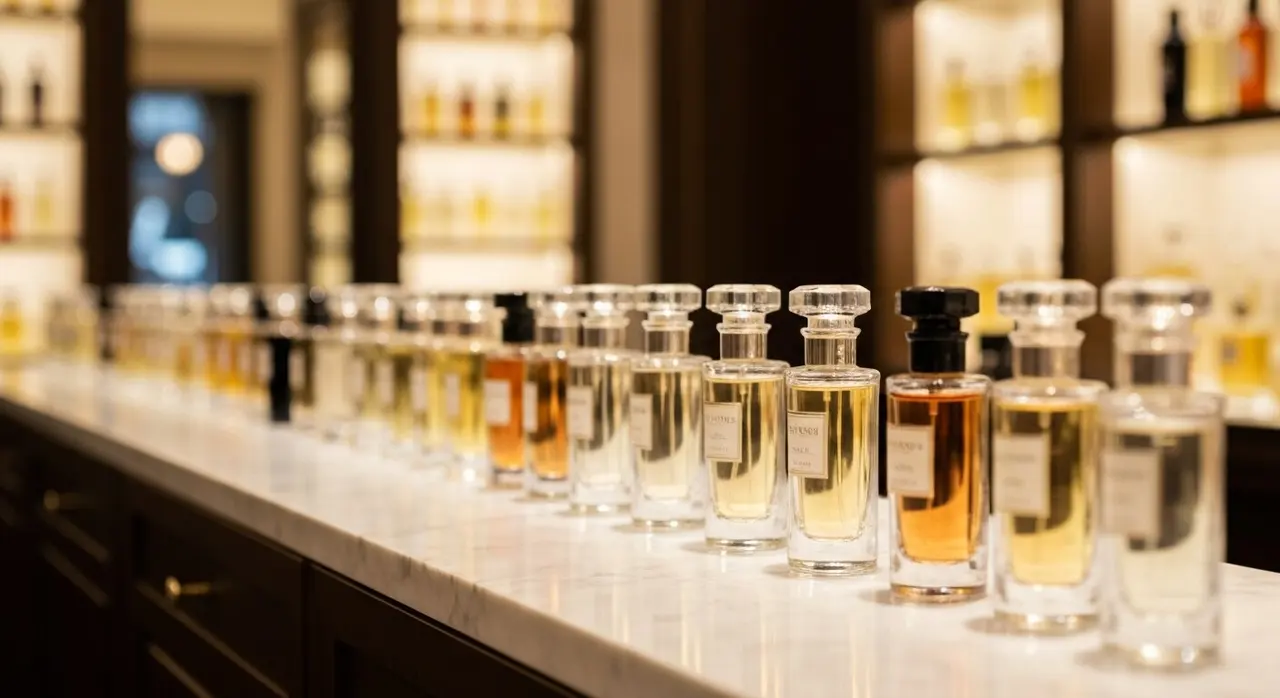 Flaconi di profumo di lusso su bancone in marmo, il business fragranze di Dilesh Mehta