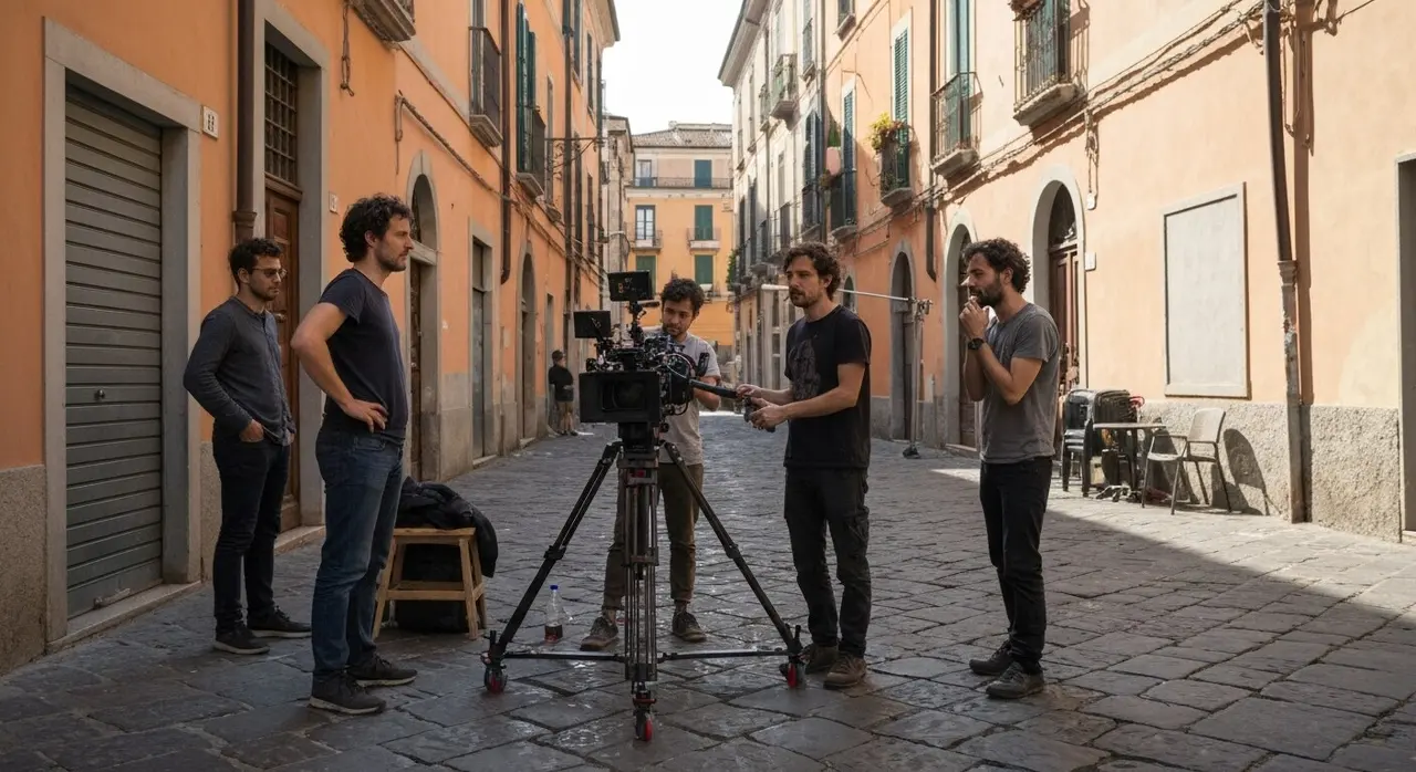 Troupe di cinema indipendente al lavoro su un set a basso budget in una strada italiana