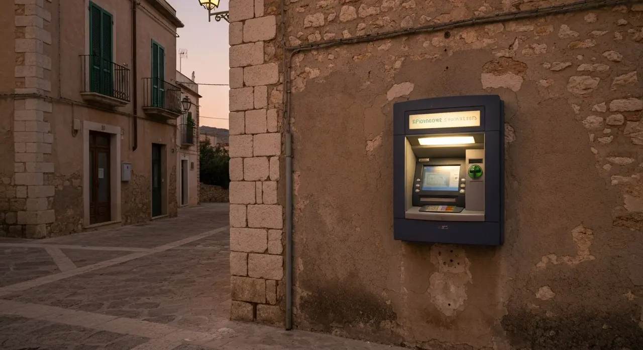 Unico bancomat rimasto in una piazza di paese, servizi bancari ridotti al minimo