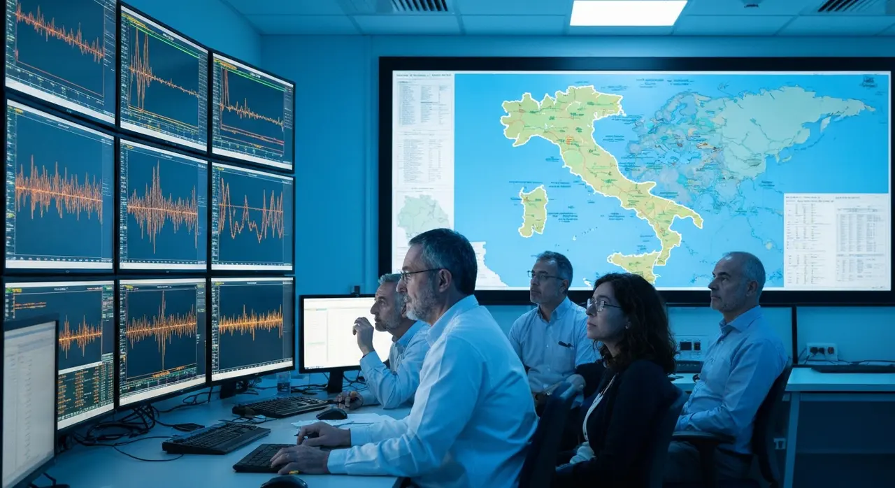 Centro di monitoraggio sismico INGV con tracciati del sismografo dopo il terremoto di Pisa