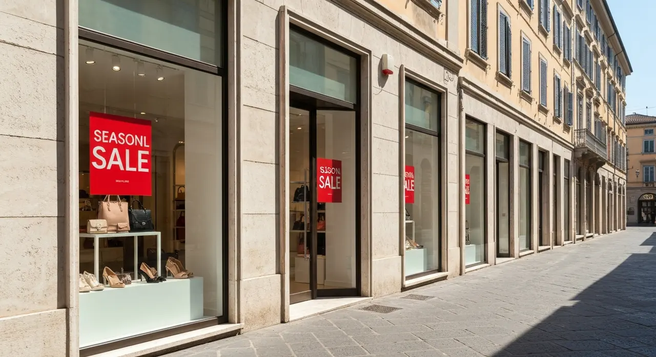 Saldi estivi 2026 in una via commerciale italiana con vetrine e cartelli sconto