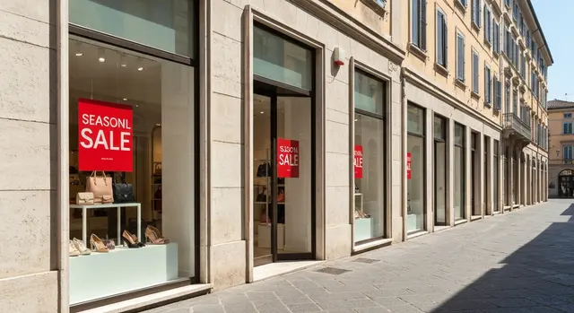Saldi estivi 2026 in una via commerciale italiana con vetrine e cartelli sconto