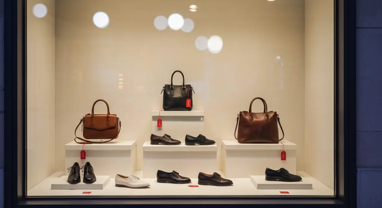 Vetrina di boutique con scarpe e borse in saldo durante i saldi estivi 2026