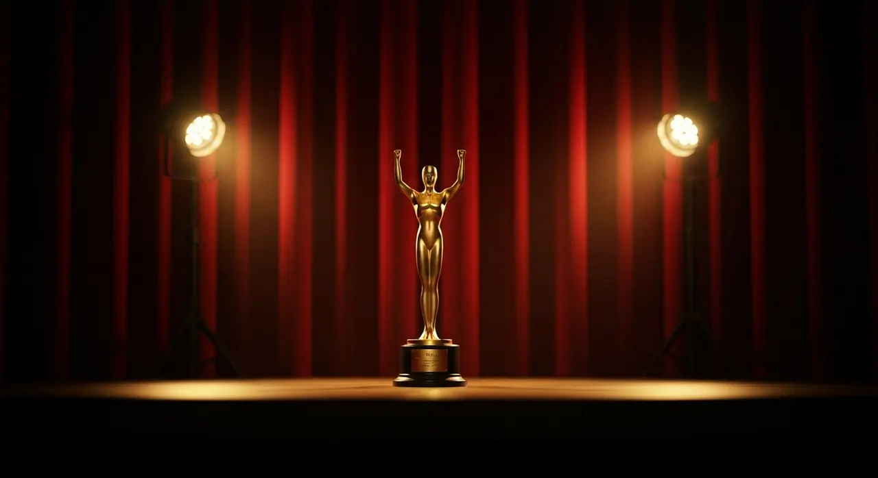 Statuetta dorata del premio cinematografico su un palco con sipario rosso, simbolo dei David di Donatello