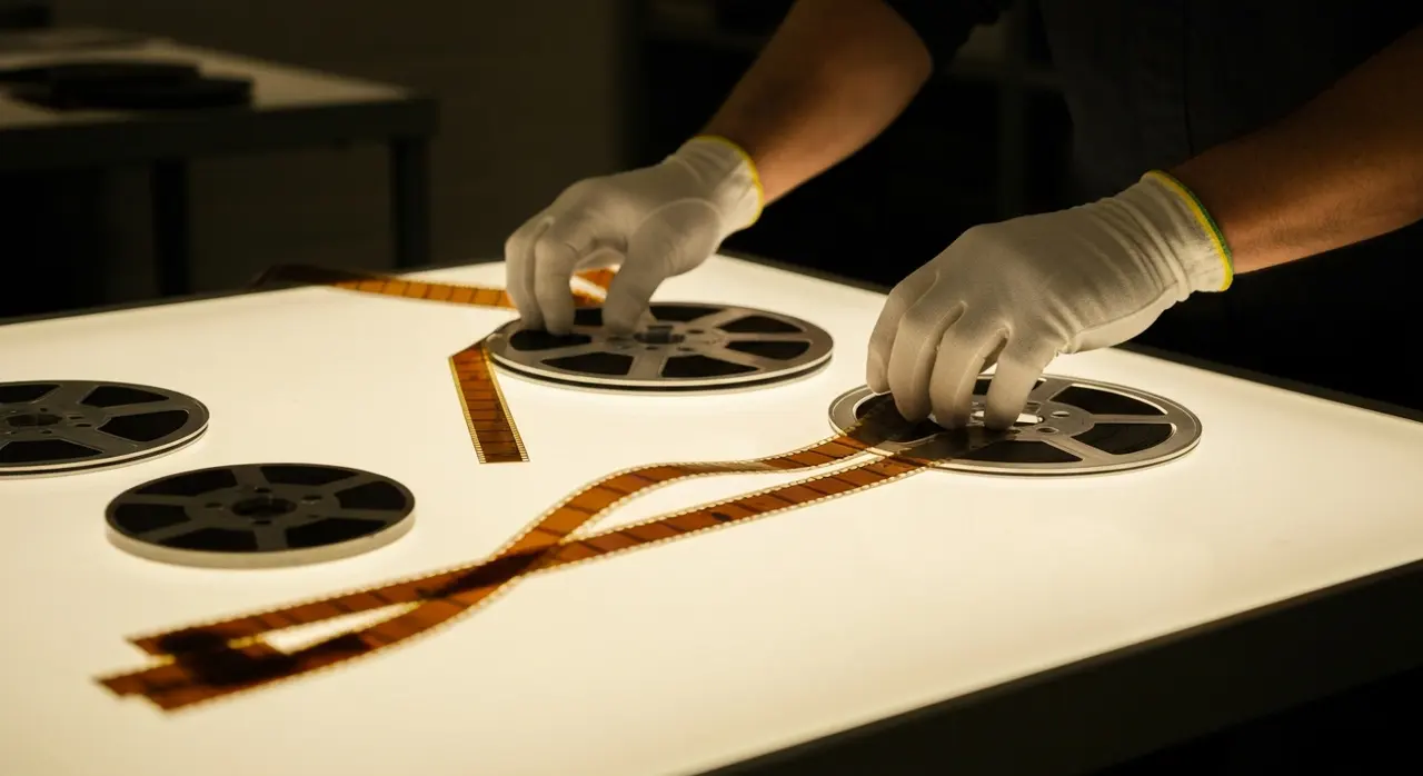 Pellicole 35mm restaurate maneggiate con guanti bianchi in una cineteca, cultura del restauro