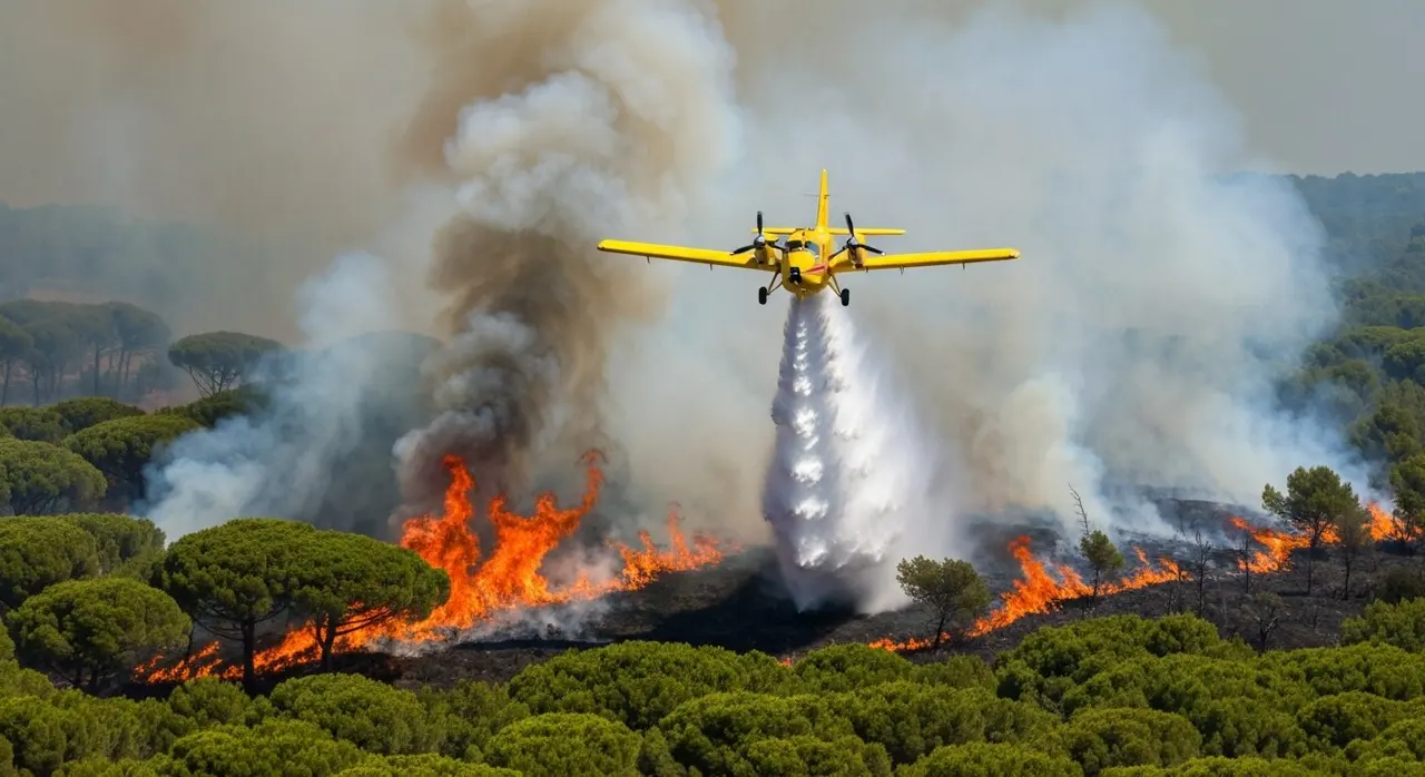 Canadair in azione su un incendio boschivo lungo la costa mediterranea