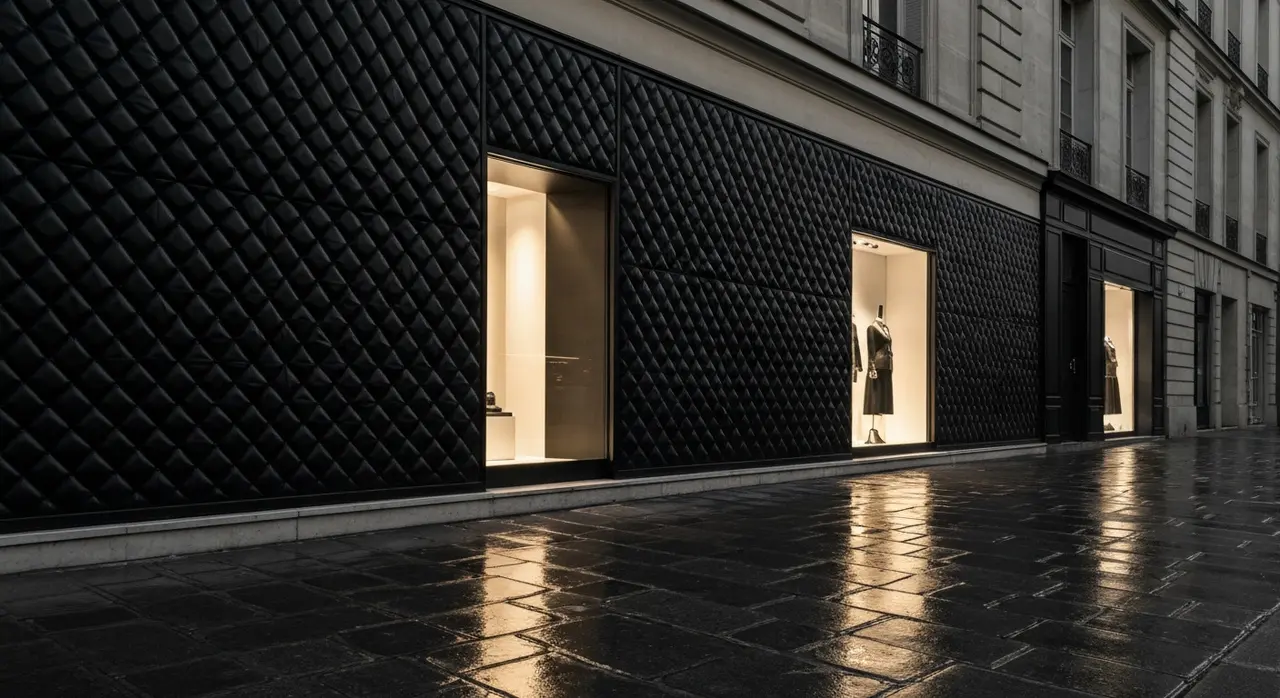 Ricavi Chanel 2026 in crescita: boutique del lusso in stile Chanel su un viale parigino al tramonto