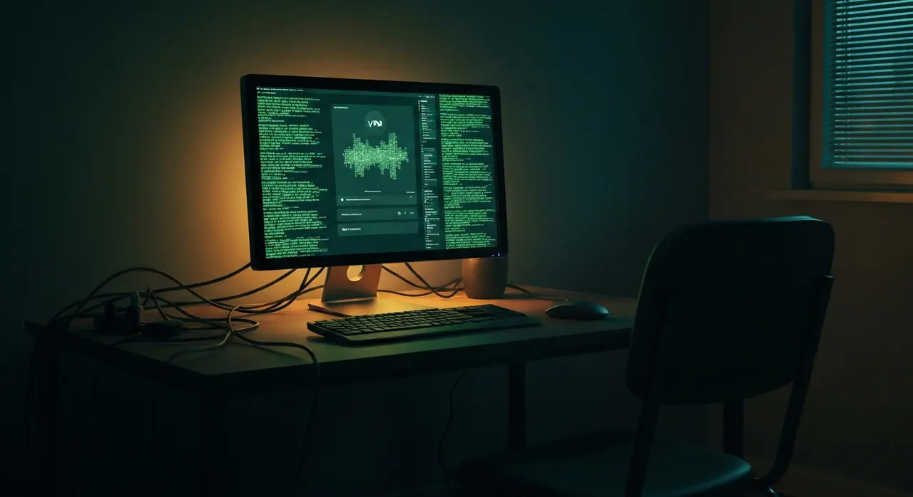 Propaganda jihadista Como: schermo di computer con codice cifrato in una stanza buia, simbolo della radicalizzazione online