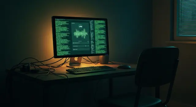 Propaganda jihadista Como: schermo di computer con codice cifrato in una stanza buia, simbolo della radicalizzazione online
