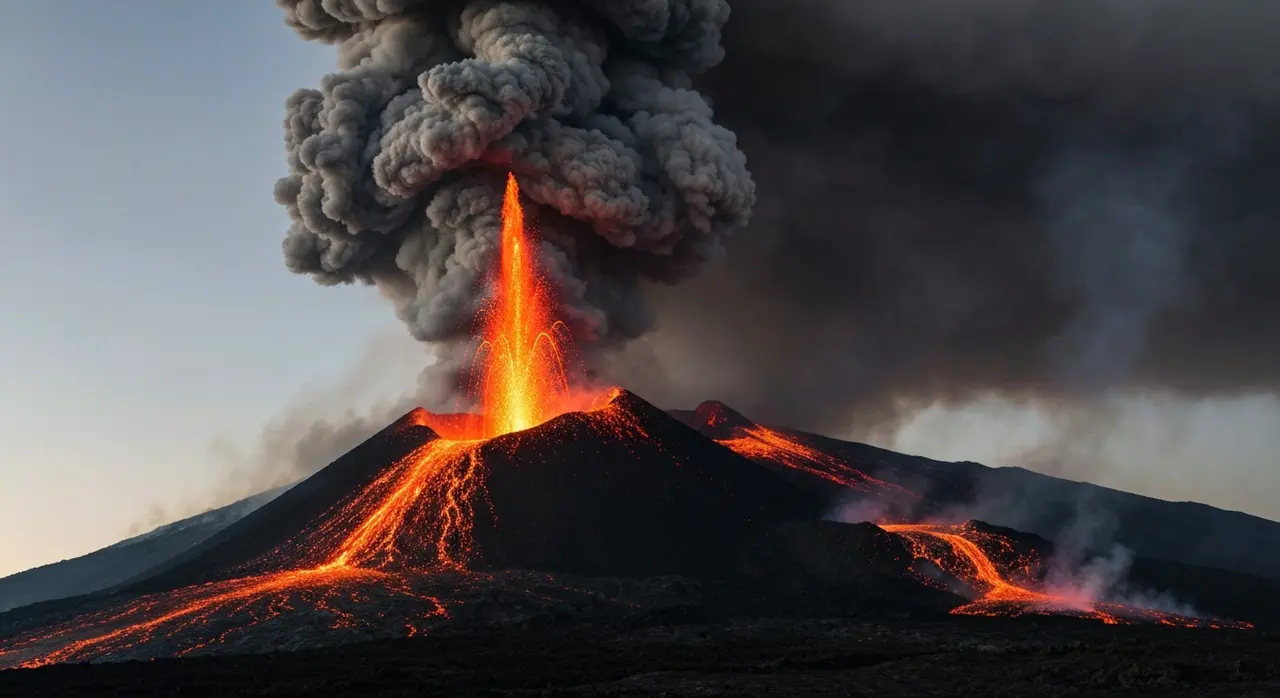 Eruzione Etna Catania: fontana di lava e nube di cenere sul cratere Voragine dell'Etna