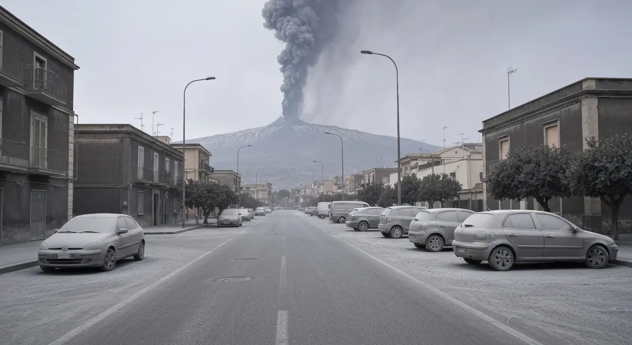 Cenere vulcanica dell'Etna depositata su auto e strade di un centro del Catanese