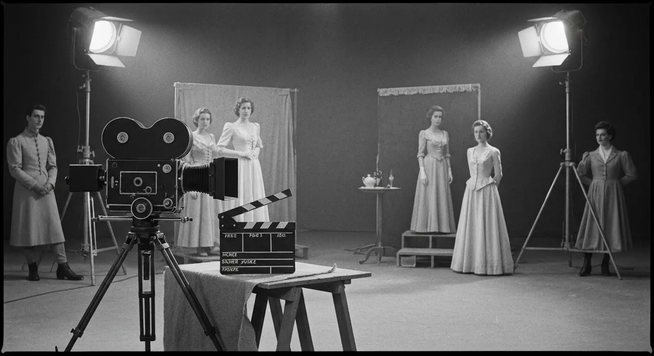Set cinematografico italiano anni Cinquanta con cinepresa e ciak, atmosfera della commedia con Toto e De Sica