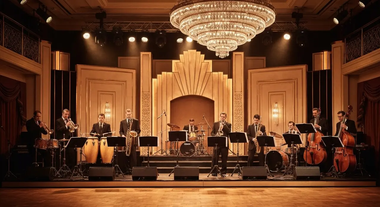 Palco di un locale anni Cinquanta con strumenti di un'orchestra latina, richiamo al cha cha cha di Abbe Lane