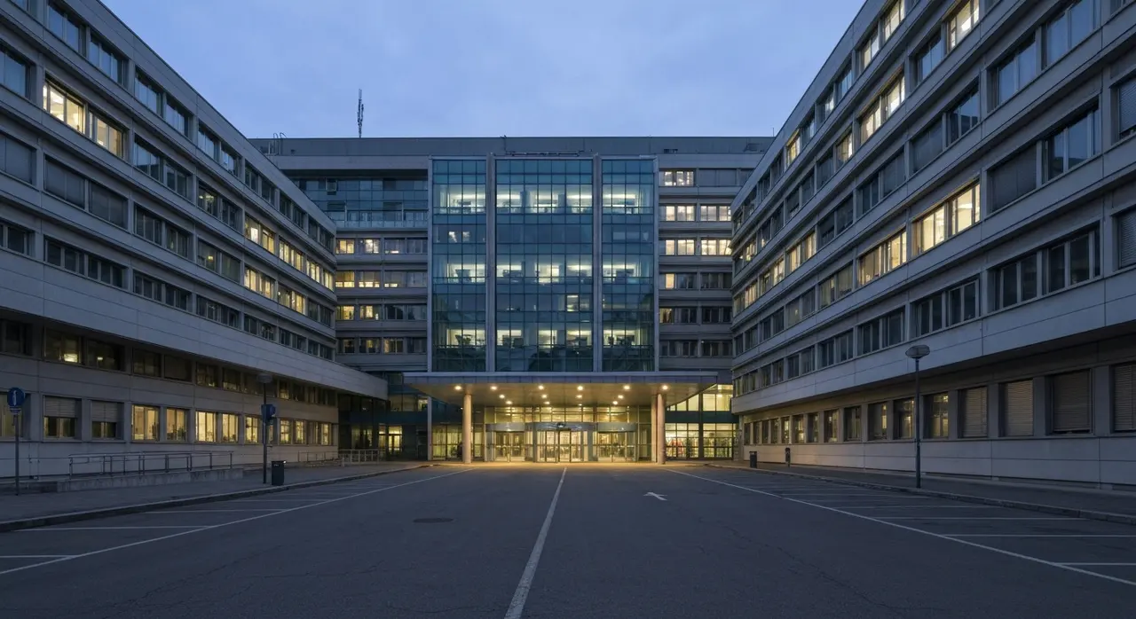 Facciata di un grande ospedale milanese al crepuscolo, sede del centro PMA sospeso