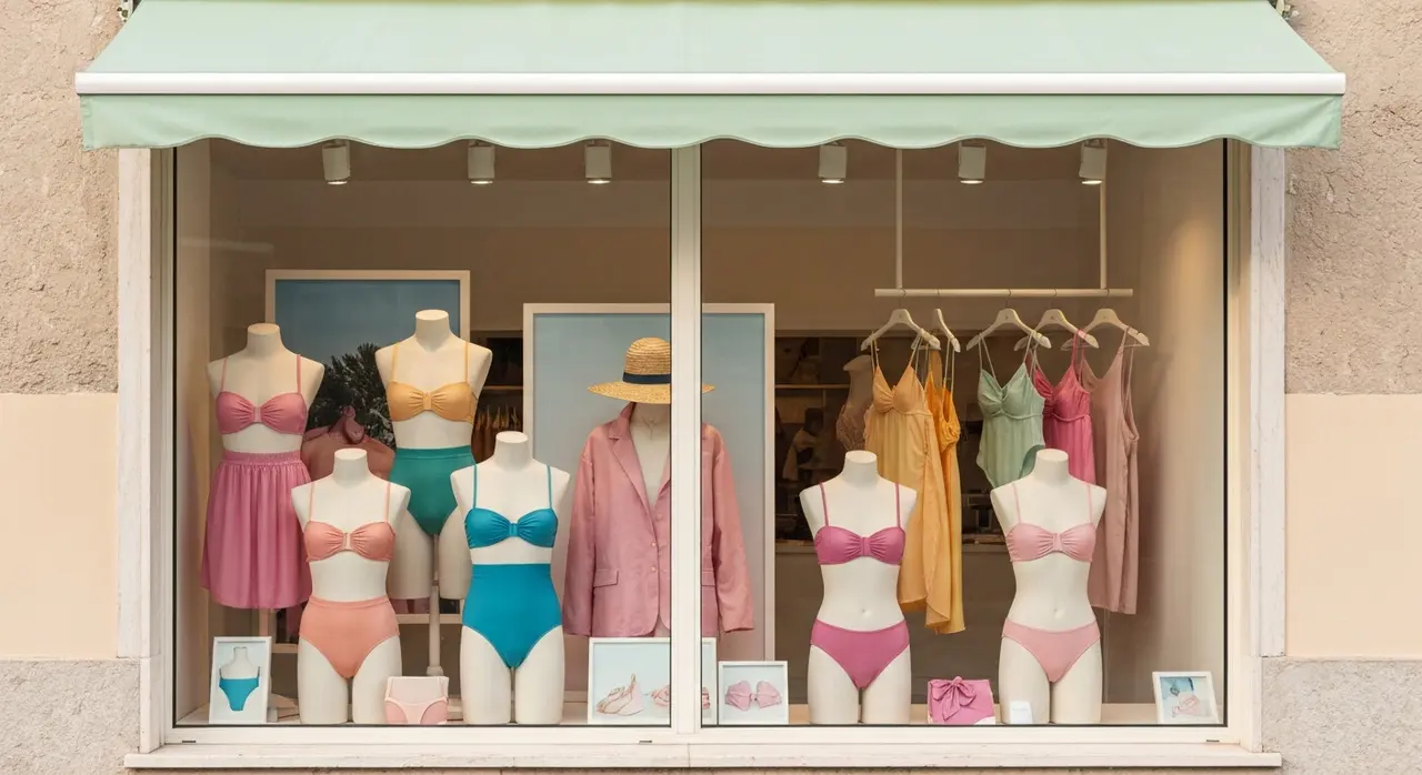 Vetrina di una boutique balneare italiana con costumi e resortwear premium