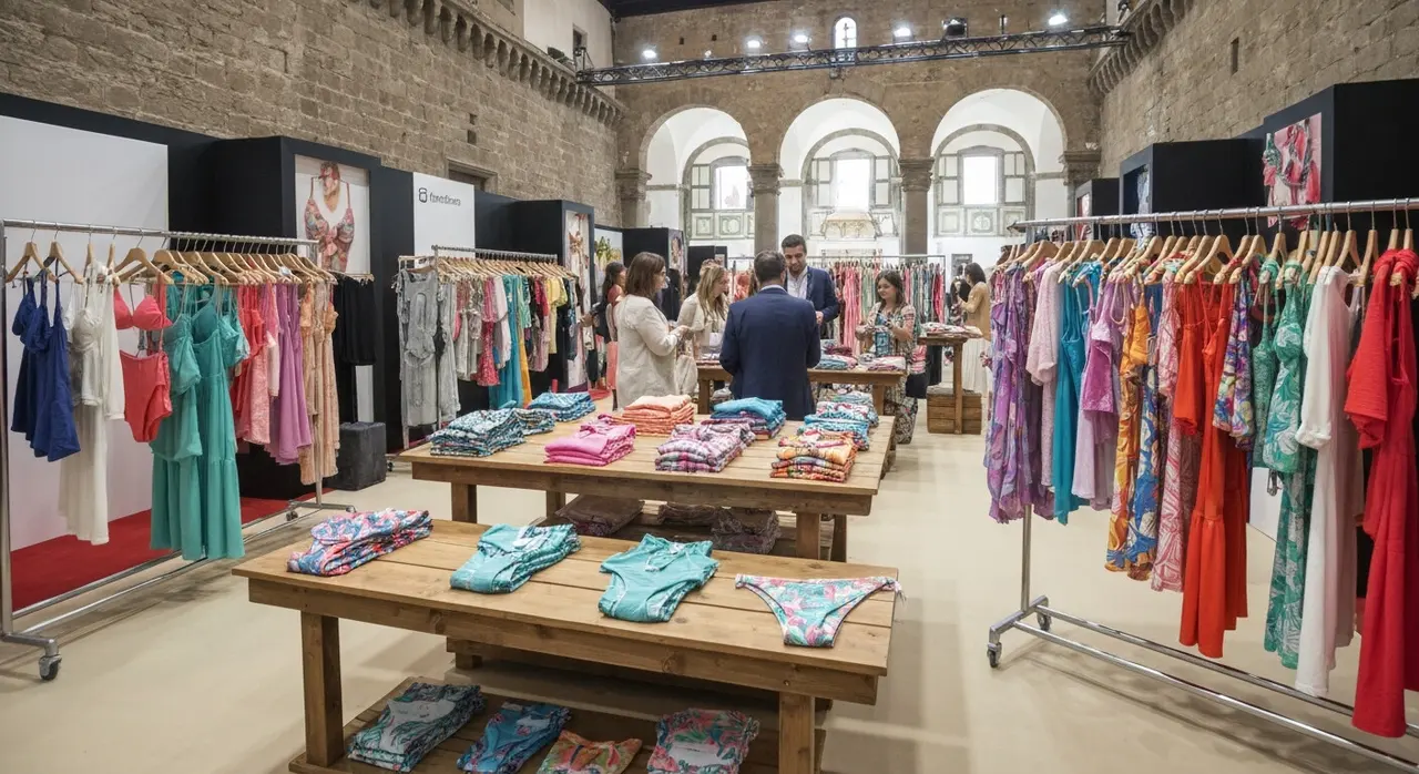 Showroom della fiera Maredamare con collezioni di moda mare e resortwear