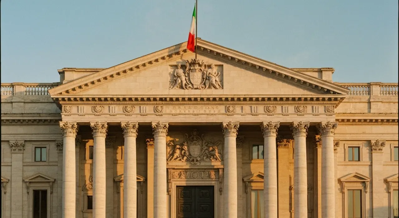 Facciata di un palazzo istituzionale italiano con tricolore, teatro della formazione dei governi