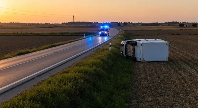 Furgone braccianti Foggia ribaltato su una strada di campagna con luci di emergenza
