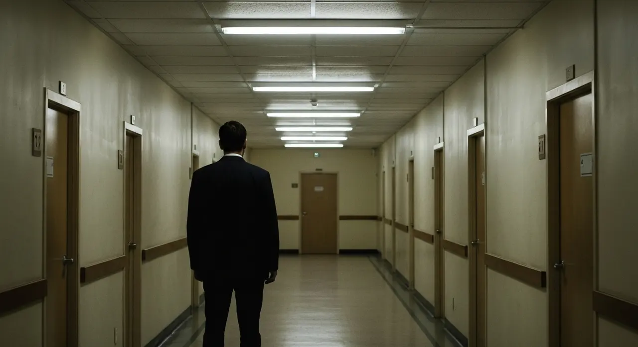 Corridoio istituzionale kafkiano evocato dal film Serpenti di Roberto De Paolis