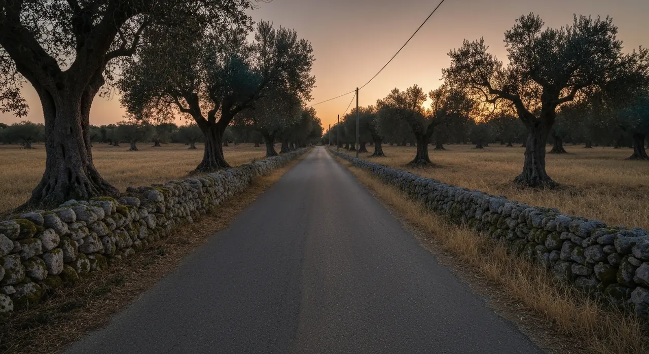 Strada provinciale del Salento al tramonto, teatro della morte del ciclista morto Salento Daniele Congedi