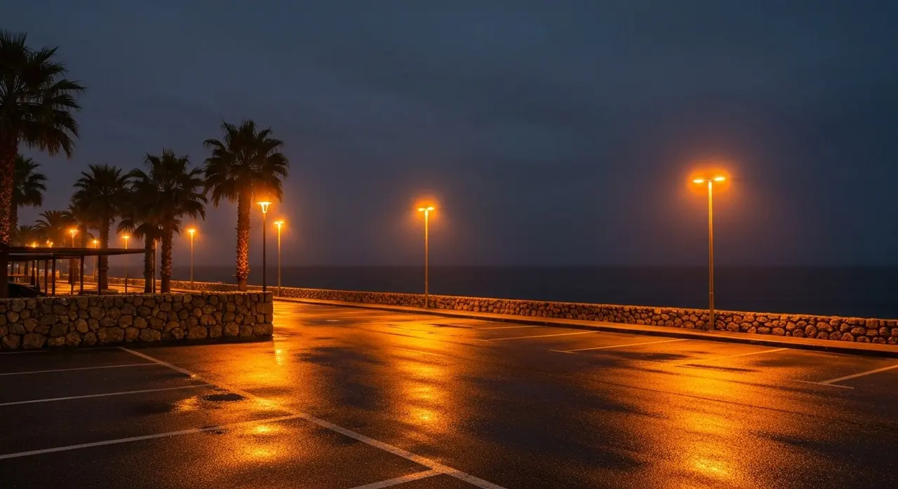 Piazzale deserto davanti a un locale notturno di notte, scenario del pestaggio Sangineto costato la vita ad Antonio Perrotta