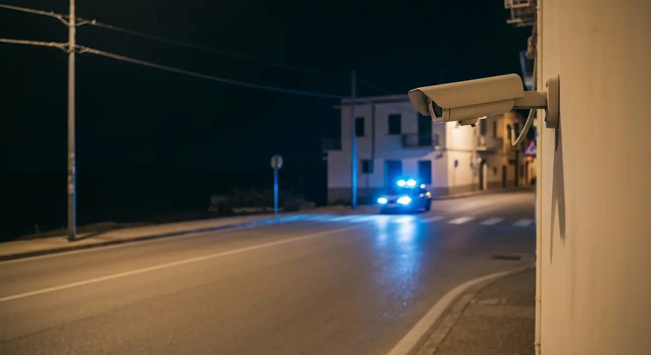 Telecamera di videosorveglianza su un muro con lampeggianti blu sullo sfondo in una strada notturna