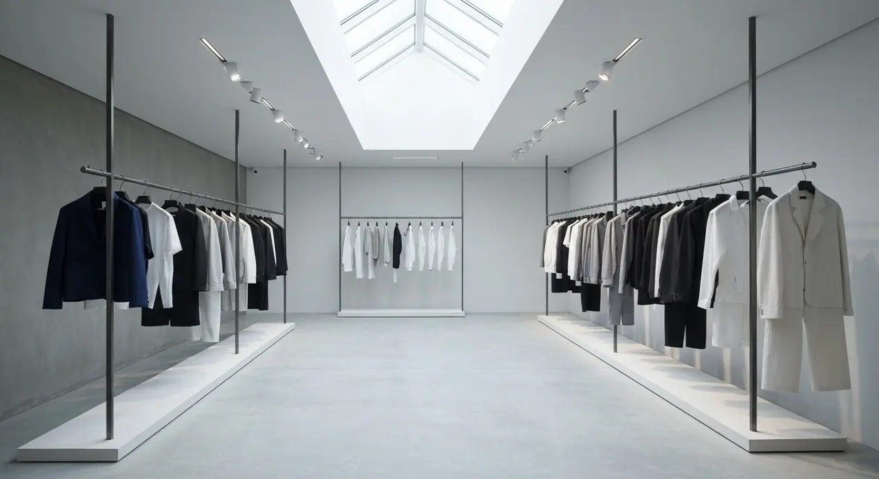 Interno di uno store multimarca milanese con capi menswear di ricerca, come il Wok Store del gruppo Underscore District