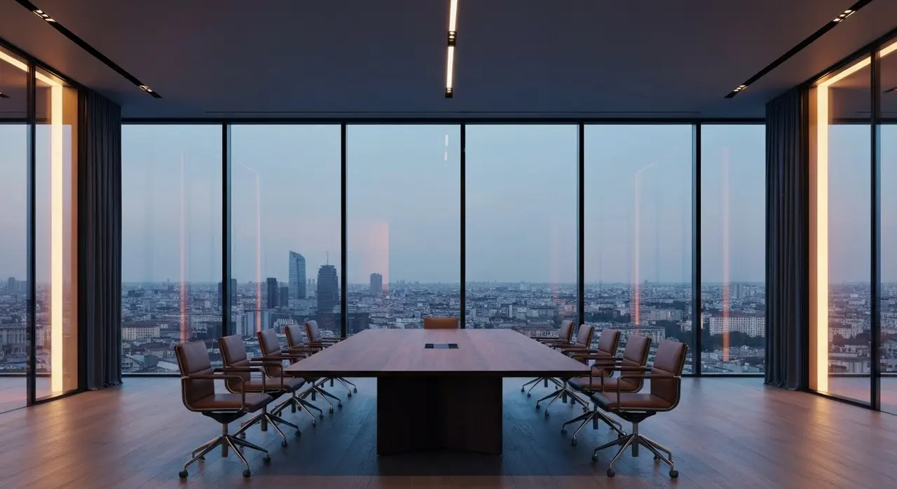 Sala consiglio deserta di un ufficio milanese al tramonto, il tavolo dove si decidono le acquisizioni della moda italiana