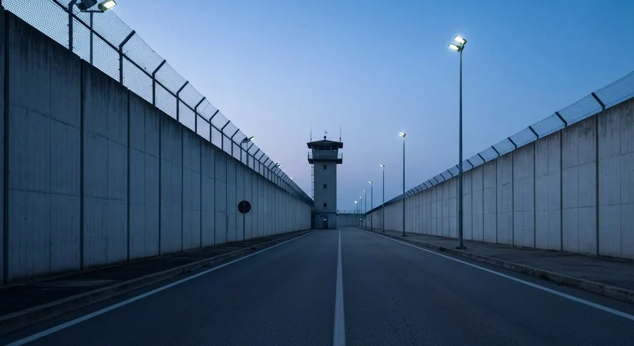 Arresto Lavitola Ranucci: muro di cinta di un carcere italiano all'alba con torretta di guardia