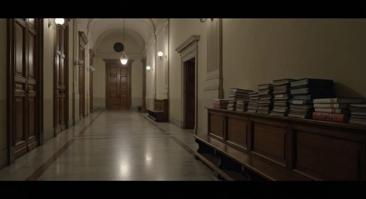 Corridoio deserto di un tribunale italiano di notte con fascicoli giudiziari impilati su una panca